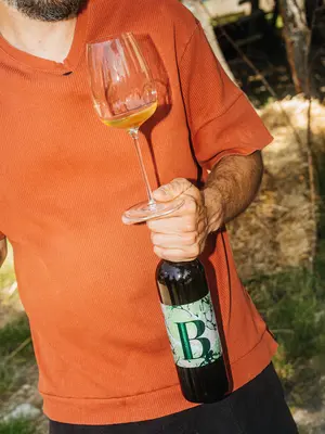Winemaker holds a bottle and a glass of wine in the vineyard.