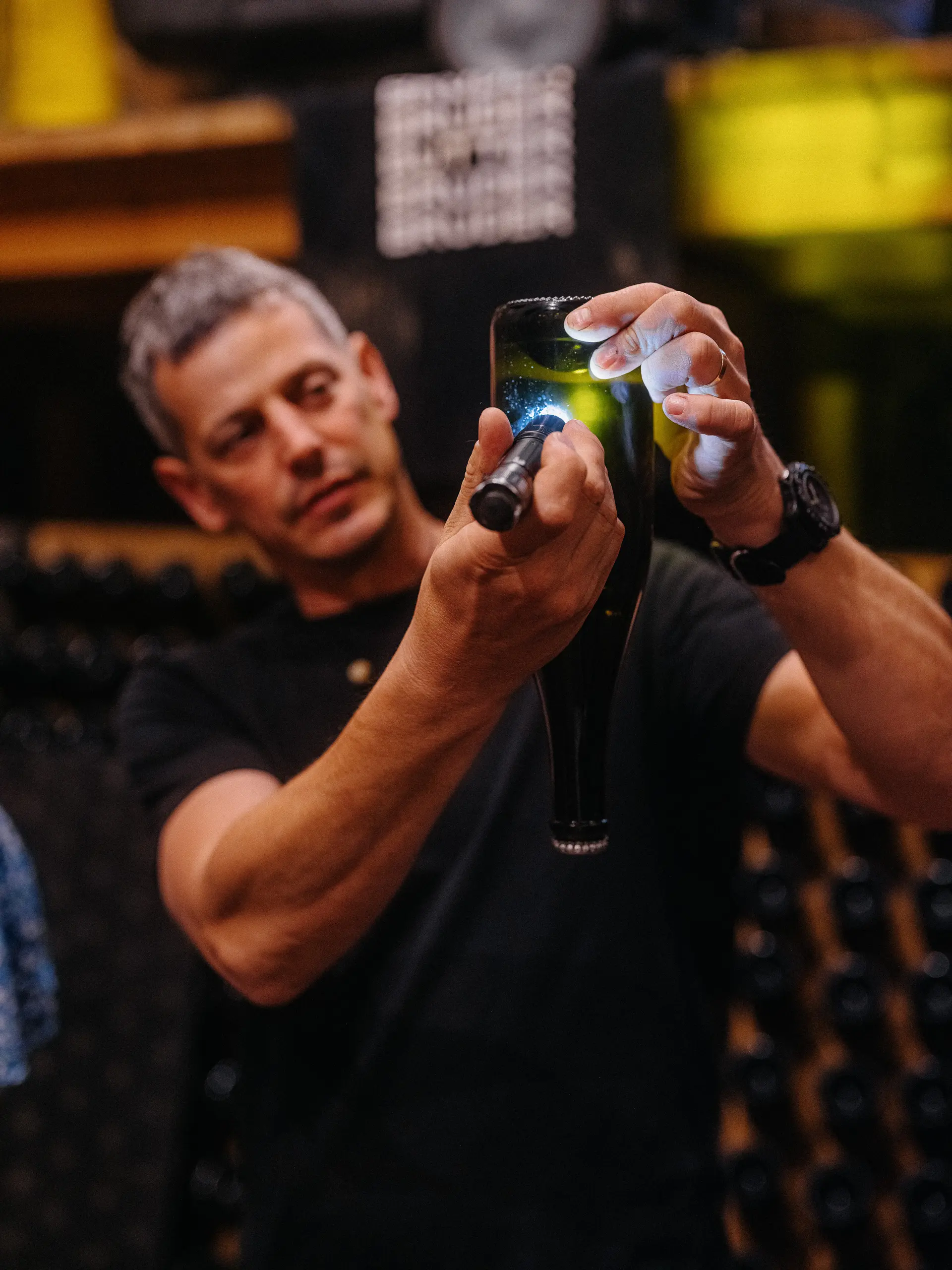 Winemaker inspects a bottle of wine using a light in the cellar.